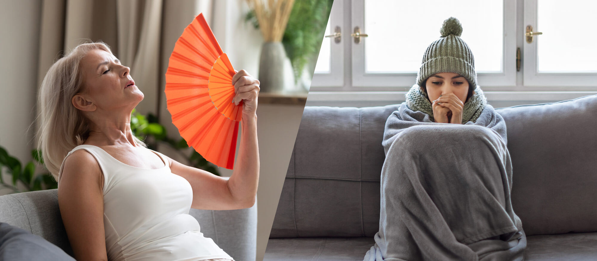A split image. On the left is a woman in a tank top with a handheld fan. She's hot. On the right is a cold woman bundled up in winter gear.